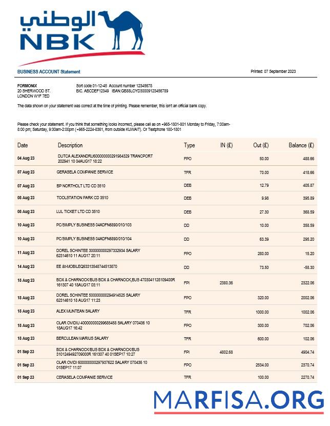 Printable NBK Bank business statement Word and PDF template
